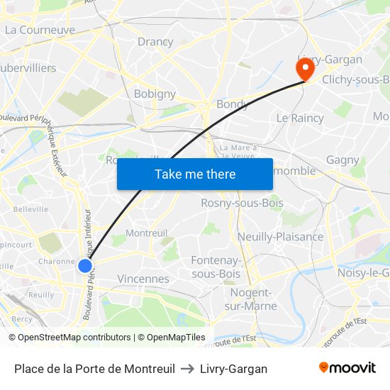 Place de la Porte de Montreuil to Livry-Gargan map