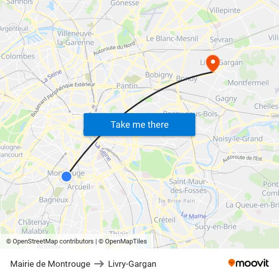 Mairie de Montrouge to Livry-Gargan map