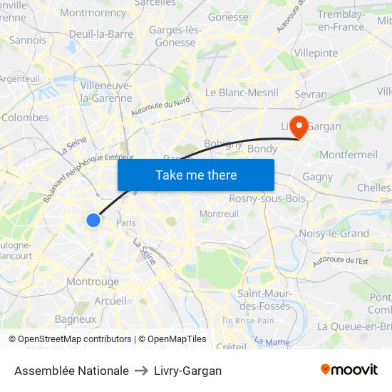 Assemblée Nationale to Livry-Gargan map