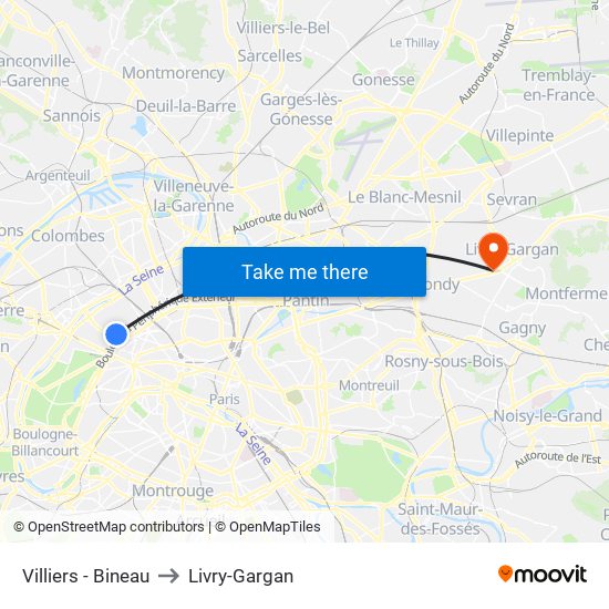 Villiers - Bineau to Livry-Gargan map