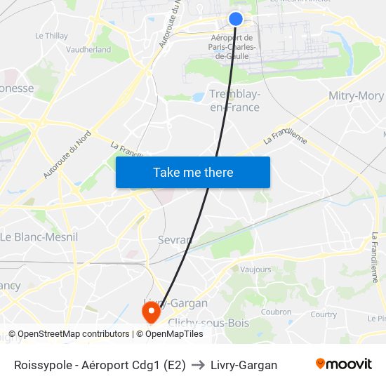 Roissypole - Aéroport Cdg1 (E2) to Livry-Gargan map