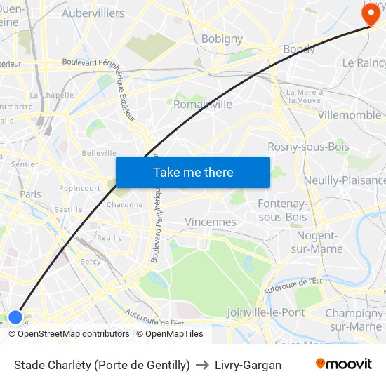 Stade Charléty (Porte de Gentilly) to Livry-Gargan map