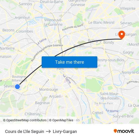 Cours de L'Ile Seguin to Livry-Gargan map