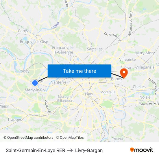 Saint-Germain-En-Laye RER to Livry-Gargan map