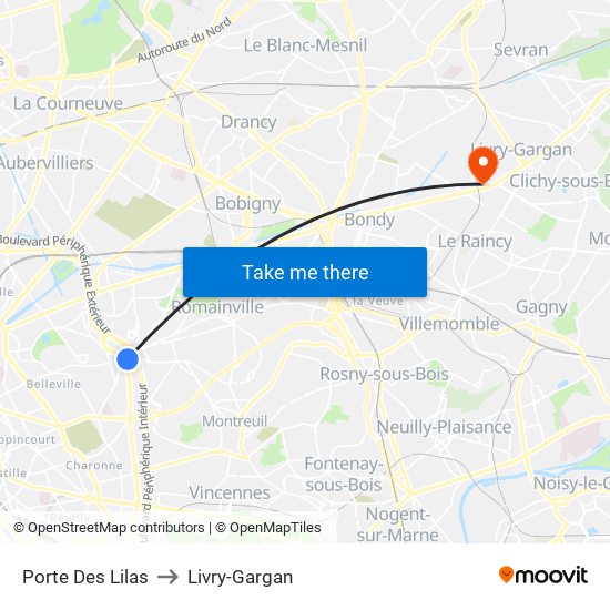 Porte Des Lilas to Livry-Gargan map