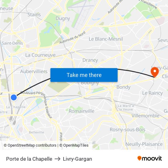 Porte de la Chapelle to Livry-Gargan map