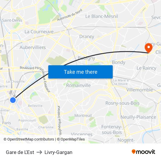 Gare de L'Est to Livry-Gargan map