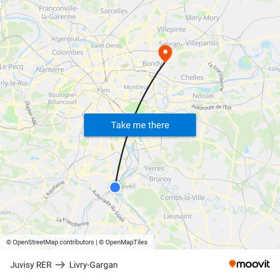 Juvisy RER to Livry-Gargan map