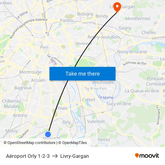 Aéroport Orly 1-2-3 to Livry-Gargan map