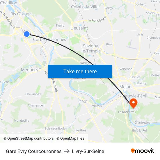 Gare Évry Courcouronnes to Livry-Sur-Seine map
