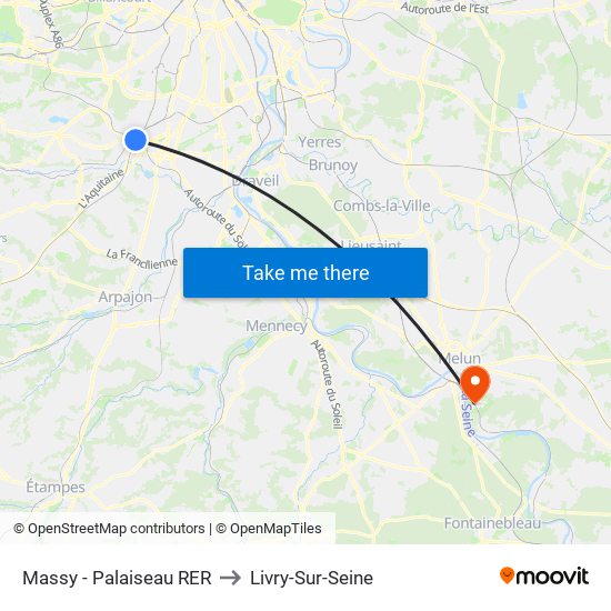 Massy - Palaiseau RER to Livry-Sur-Seine map