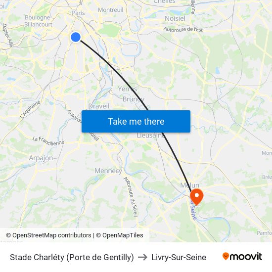 Stade Charléty (Porte de Gentilly) to Livry-Sur-Seine map