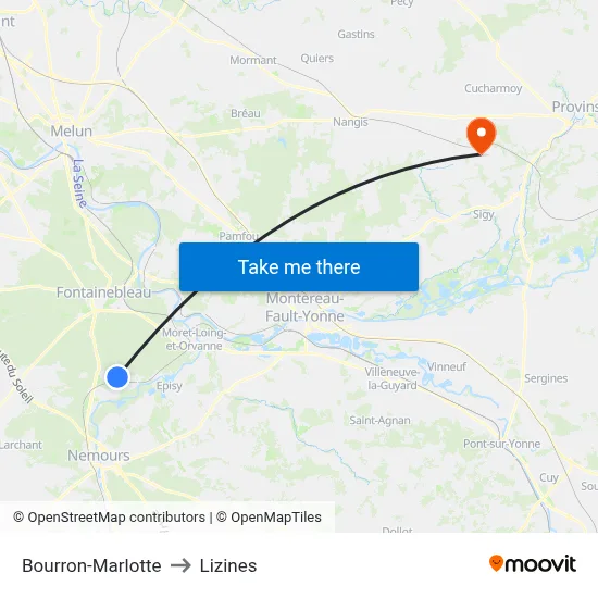 Bourron-Marlotte to Lizines map