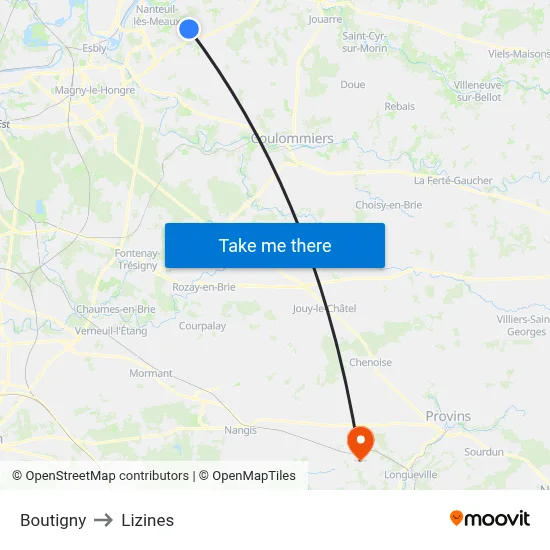 Boutigny to Lizines map
