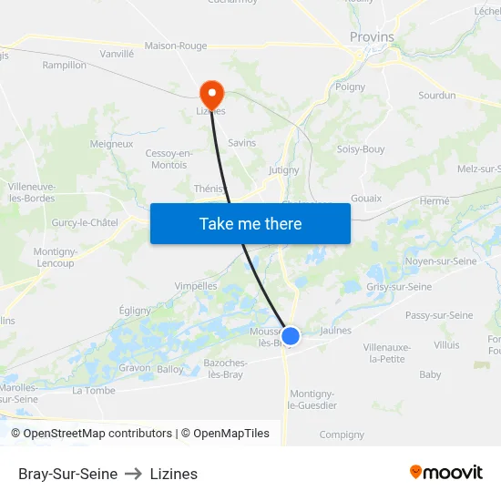 Bray-Sur-Seine to Lizines map