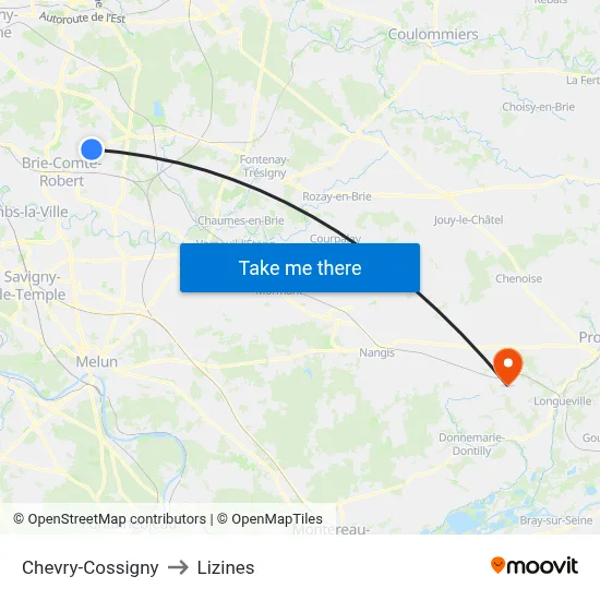 Chevry-Cossigny to Lizines map