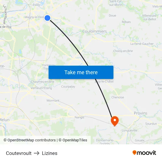 Coutevroult to Lizines map