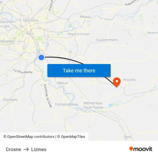 Crosne to Lizines map