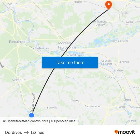 Dordives to Lizines map