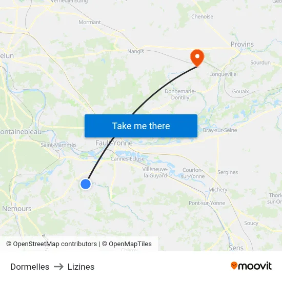 Dormelles to Lizines map