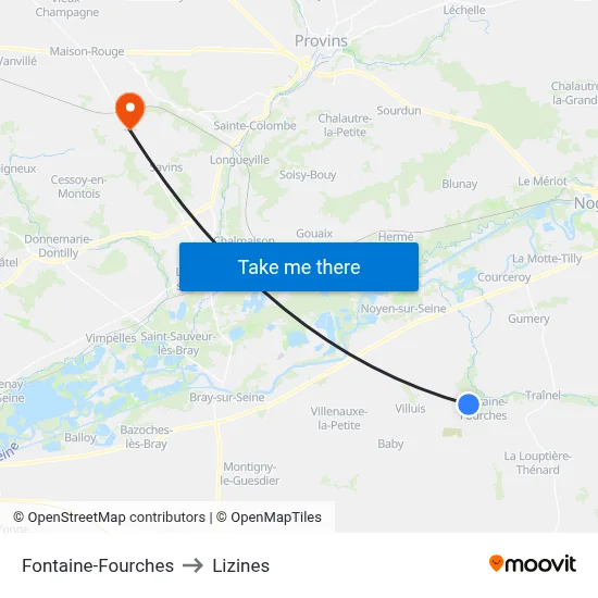 Fontaine-Fourches to Lizines map
