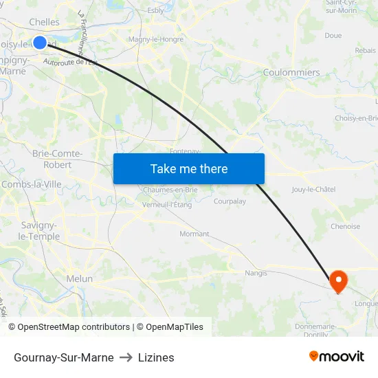 Gournay-Sur-Marne to Lizines map