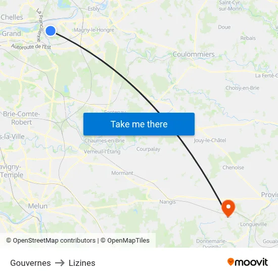 Gouvernes to Lizines map