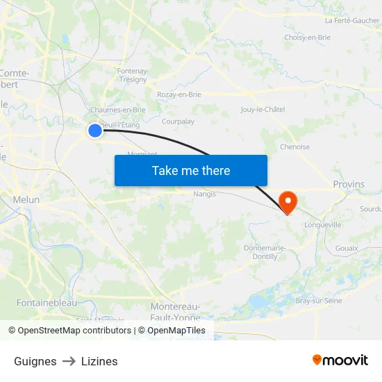 Guignes to Lizines map