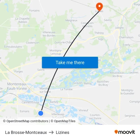 La Brosse-Montceaux to Lizines map
