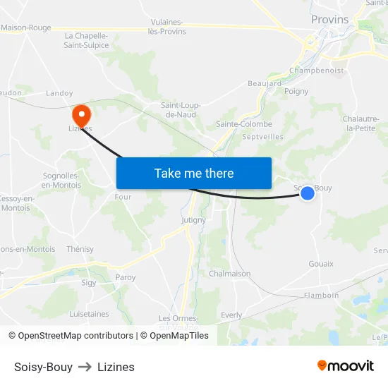 Soisy-Bouy to Lizines map