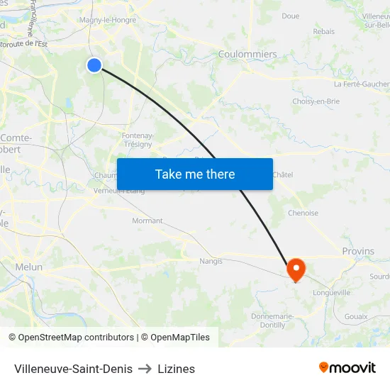 Villeneuve-Saint-Denis to Lizines map