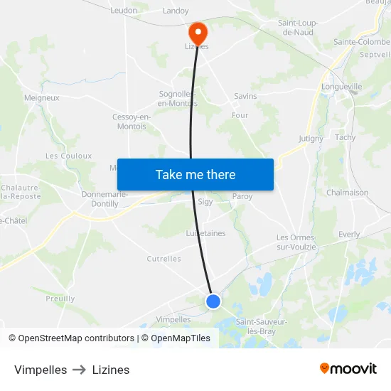 Vimpelles to Lizines map