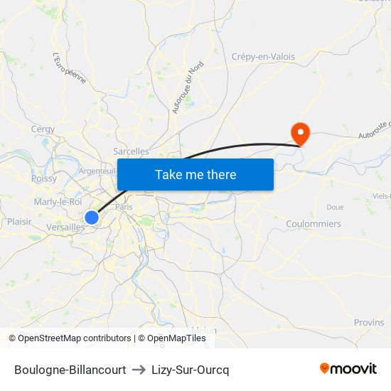 Boulogne-Billancourt to Lizy-Sur-Ourcq map