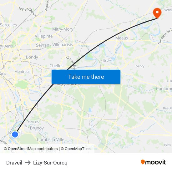 Draveil to Lizy-Sur-Ourcq map