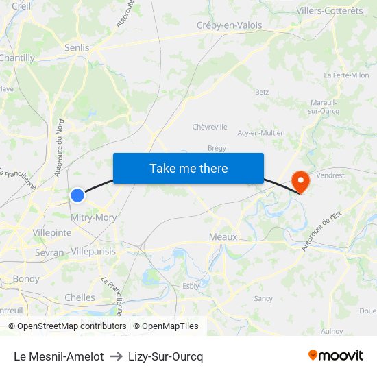 Le Mesnil-Amelot to Lizy-Sur-Ourcq map