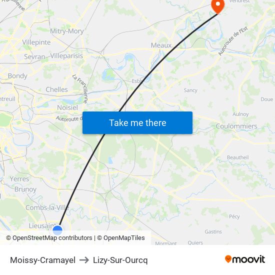 Moissy-Cramayel to Lizy-Sur-Ourcq map