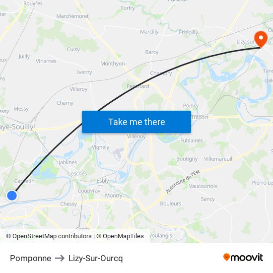 Pomponne to Lizy-Sur-Ourcq map
