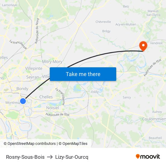 Rosny-Sous-Bois to Lizy-Sur-Ourcq map