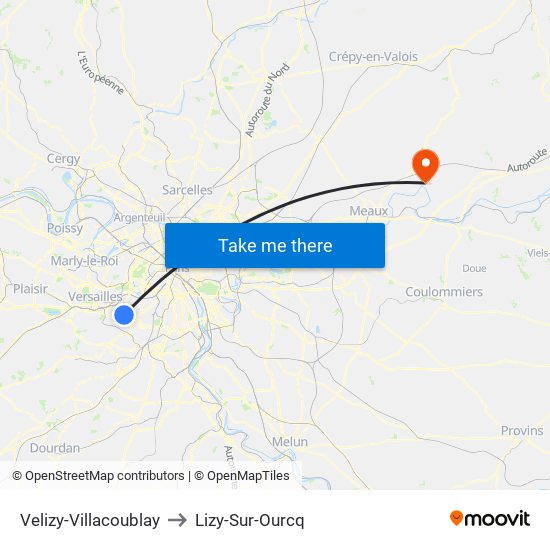 Velizy-Villacoublay to Lizy-Sur-Ourcq map