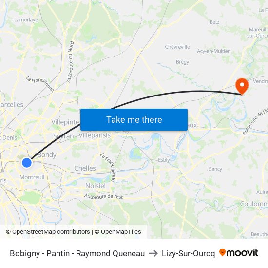 Bobigny - Pantin - Raymond Queneau to Lizy-Sur-Ourcq map