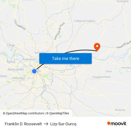 Franklin D. Roosevelt to Lizy-Sur-Ourcq map