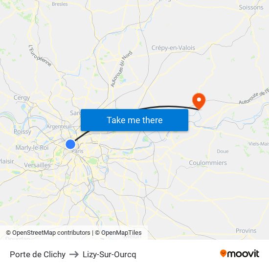 Porte de Clichy to Lizy-Sur-Ourcq map