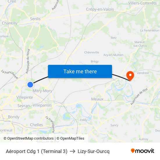 Aéroport Cdg 1 (Terminal 3) to Lizy-Sur-Ourcq map
