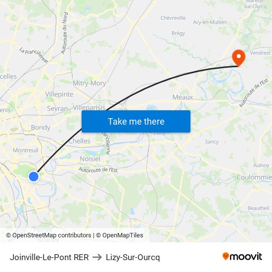 Joinville-Le-Pont RER to Lizy-Sur-Ourcq map