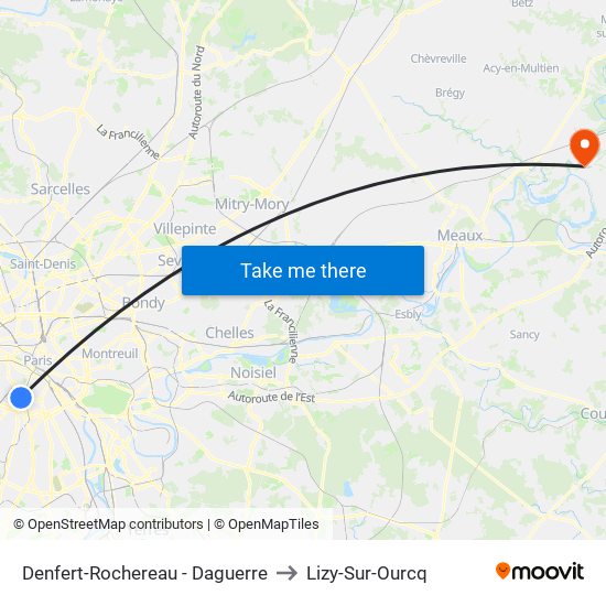 Denfert-Rochereau - Daguerre to Lizy-Sur-Ourcq map