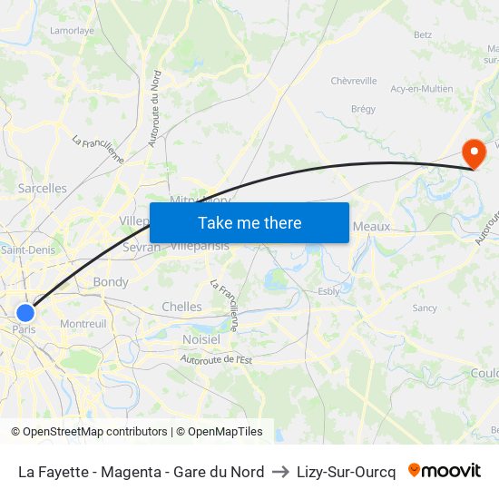 La Fayette - Magenta - Gare du Nord to Lizy-Sur-Ourcq map