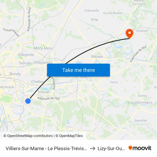 Villiers-Sur-Marne - Le Plessis-Trévise RER to Lizy-Sur-Ourcq map