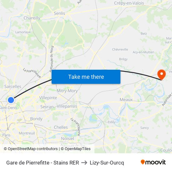 Gare de Pierrefitte - Stains RER to Lizy-Sur-Ourcq map