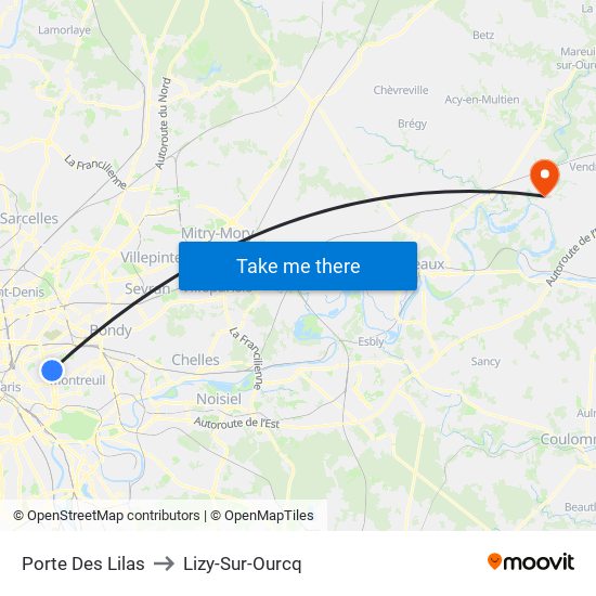 Porte Des Lilas to Lizy-Sur-Ourcq map