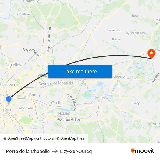 Porte de la Chapelle to Lizy-Sur-Ourcq map